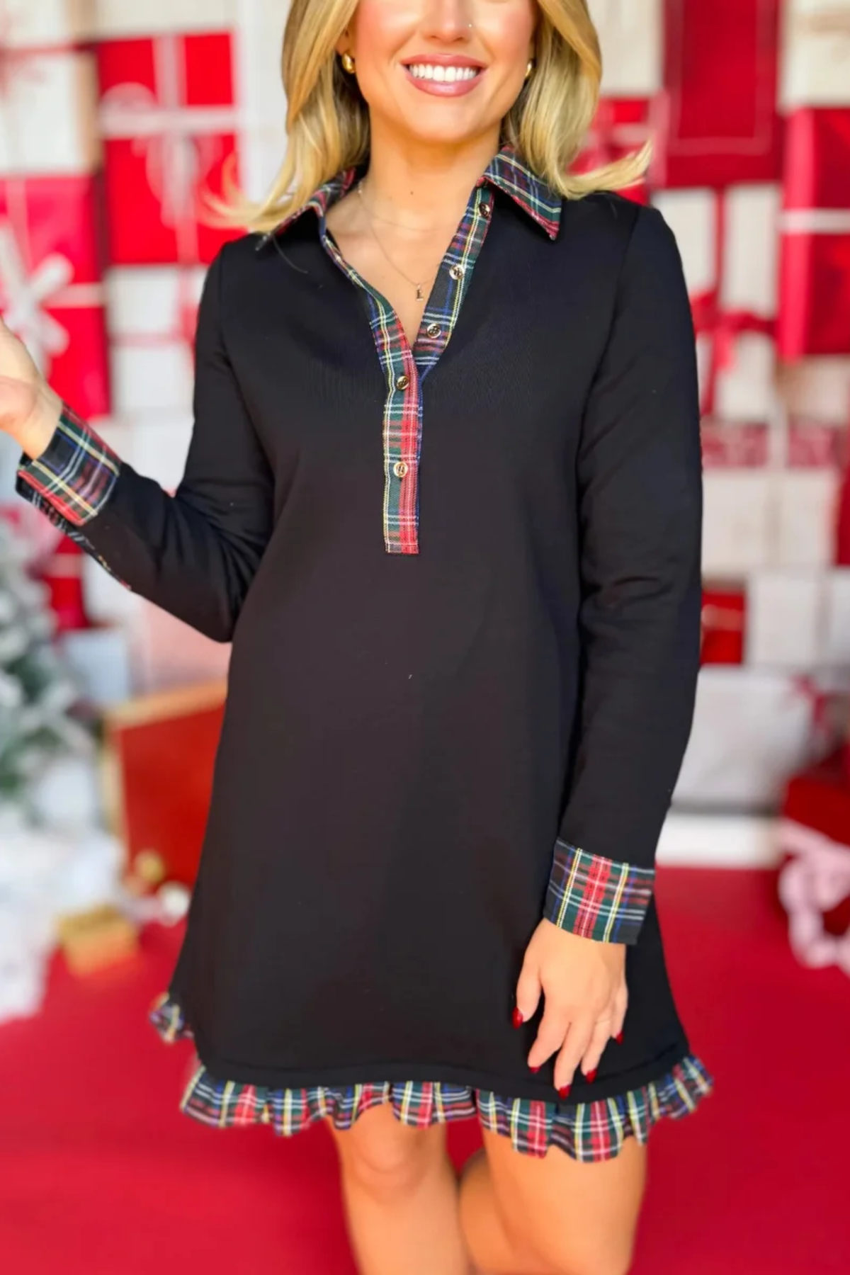 Ruffled, Contrasting Long-sleeved Dress