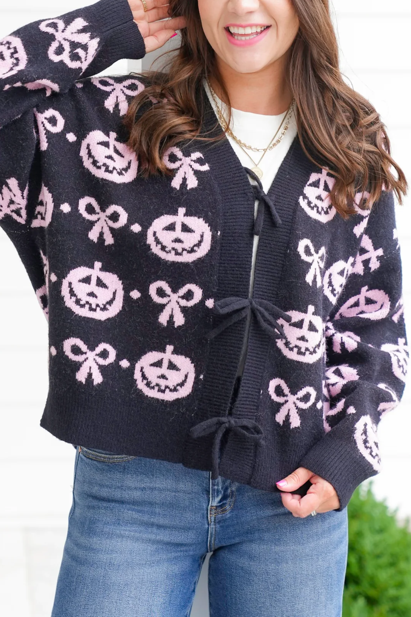 Knit Long Sleeve Jack O'lantern Cardigan with Bows
