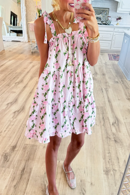 Pink Vintage Rose Shoulder Tie Mini Dress