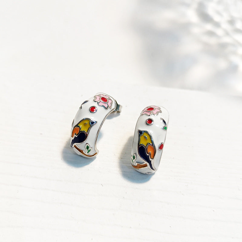 Enamel Flower and Bird Earrings