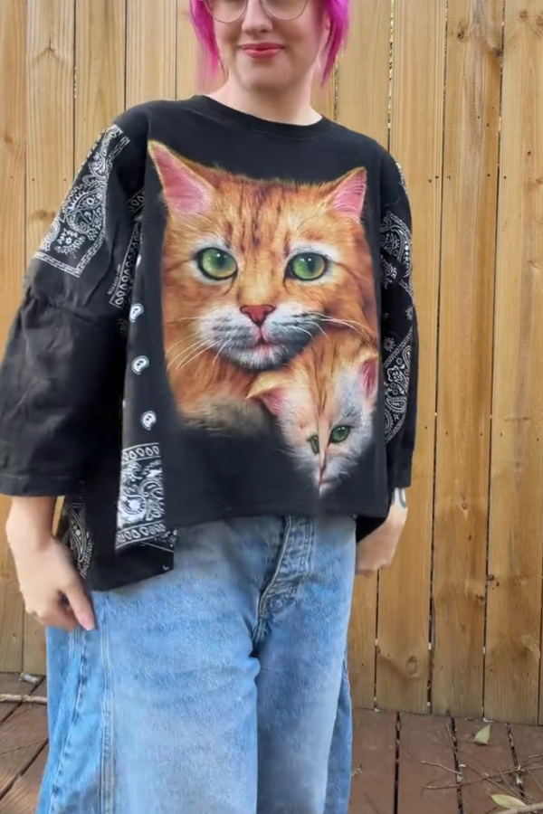 Orange Cat Print Mid-Sleeve Top