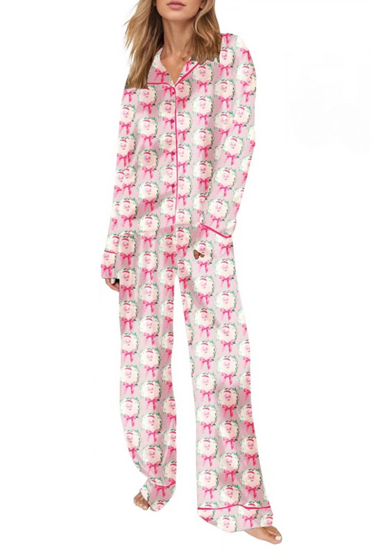 Christmas Holiday Lapel Neck Women Pajams Set