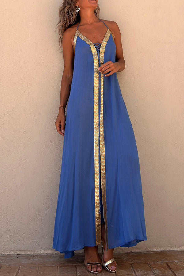 Robe longue à lacets et bordures à sequins Del Mar avec dos élastiqué et licou