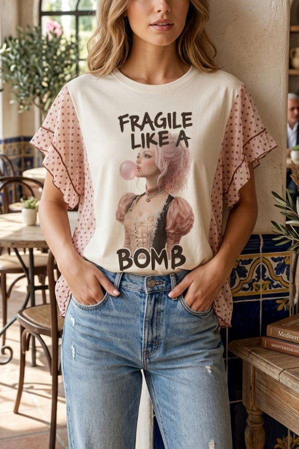 Pink-haired Girl Printed Batwing-sleeve T-shirt