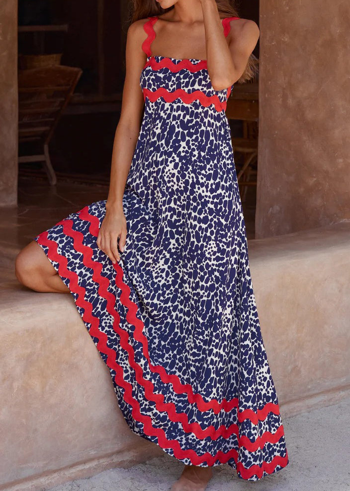 Polka Dot Print Lace Stitching Wave Suspender Maxi Dress
