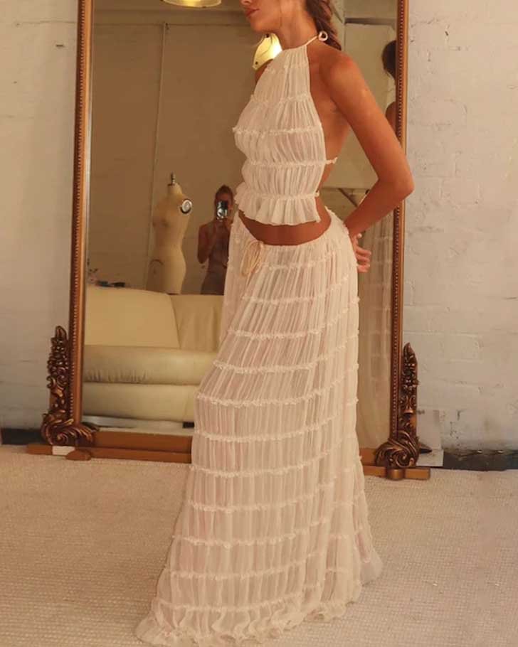 Open Back Hanging Neck Strap Pleated Lace Lace Lace Vest Long Skirt Set