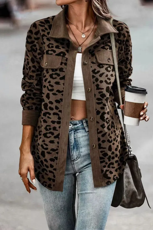 Long Sleeve Leopard Print Top with Contrasting Wavy Trim in Leopard
