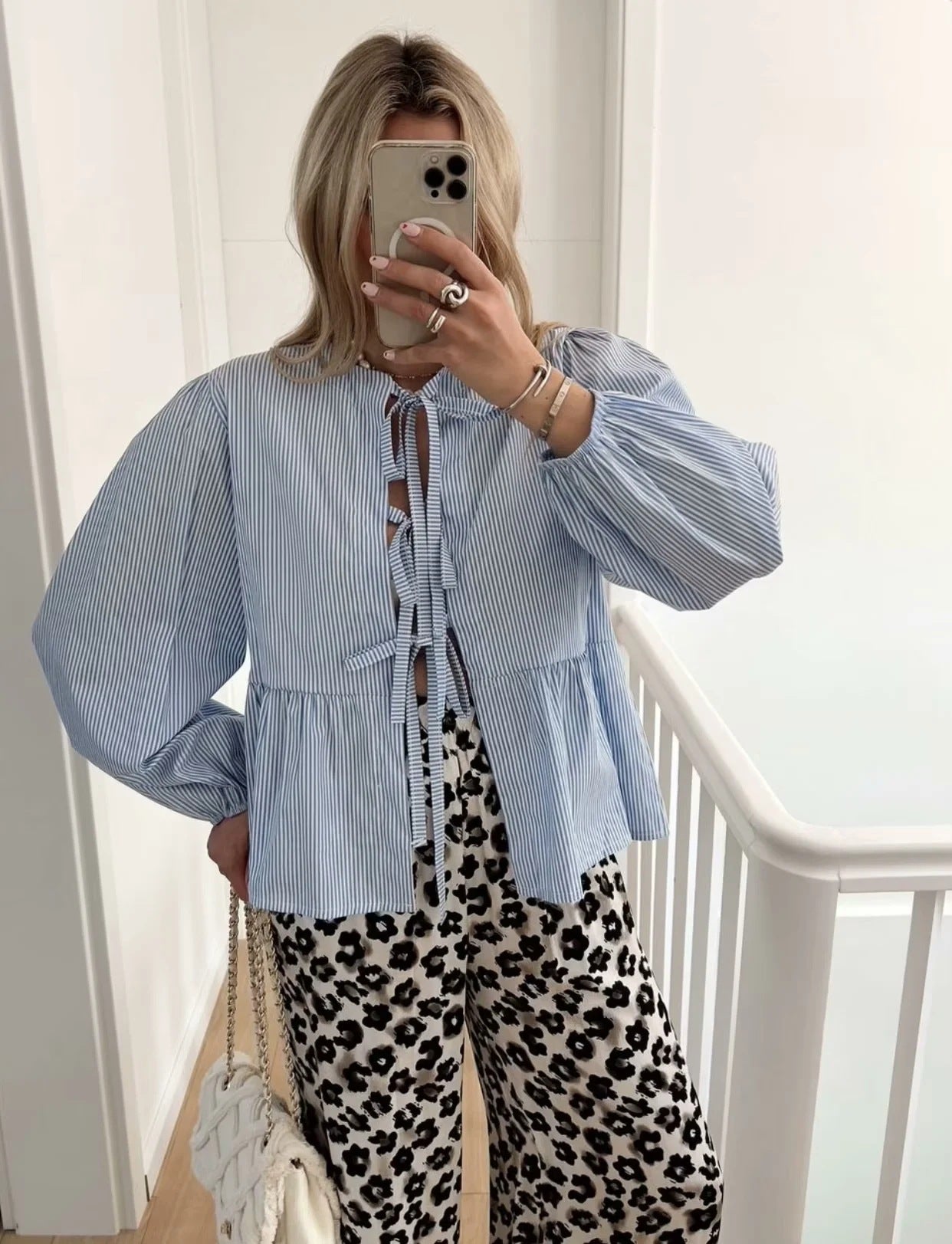 Women's Long Sleeve Tie Striped Shirt