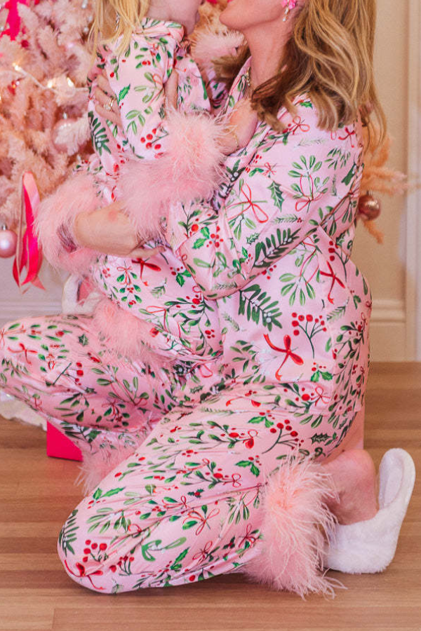 Christmas Holiday Pink Feather Women Pajams Set