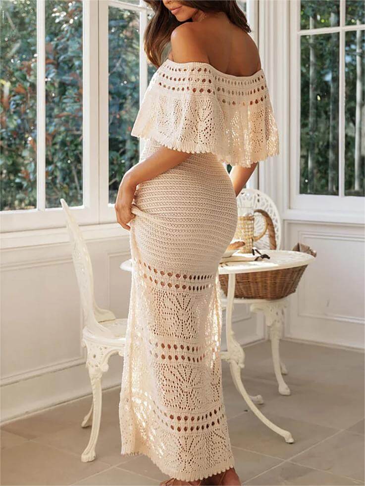 Robe longue de vacances slim à épaules dénudées en crochet