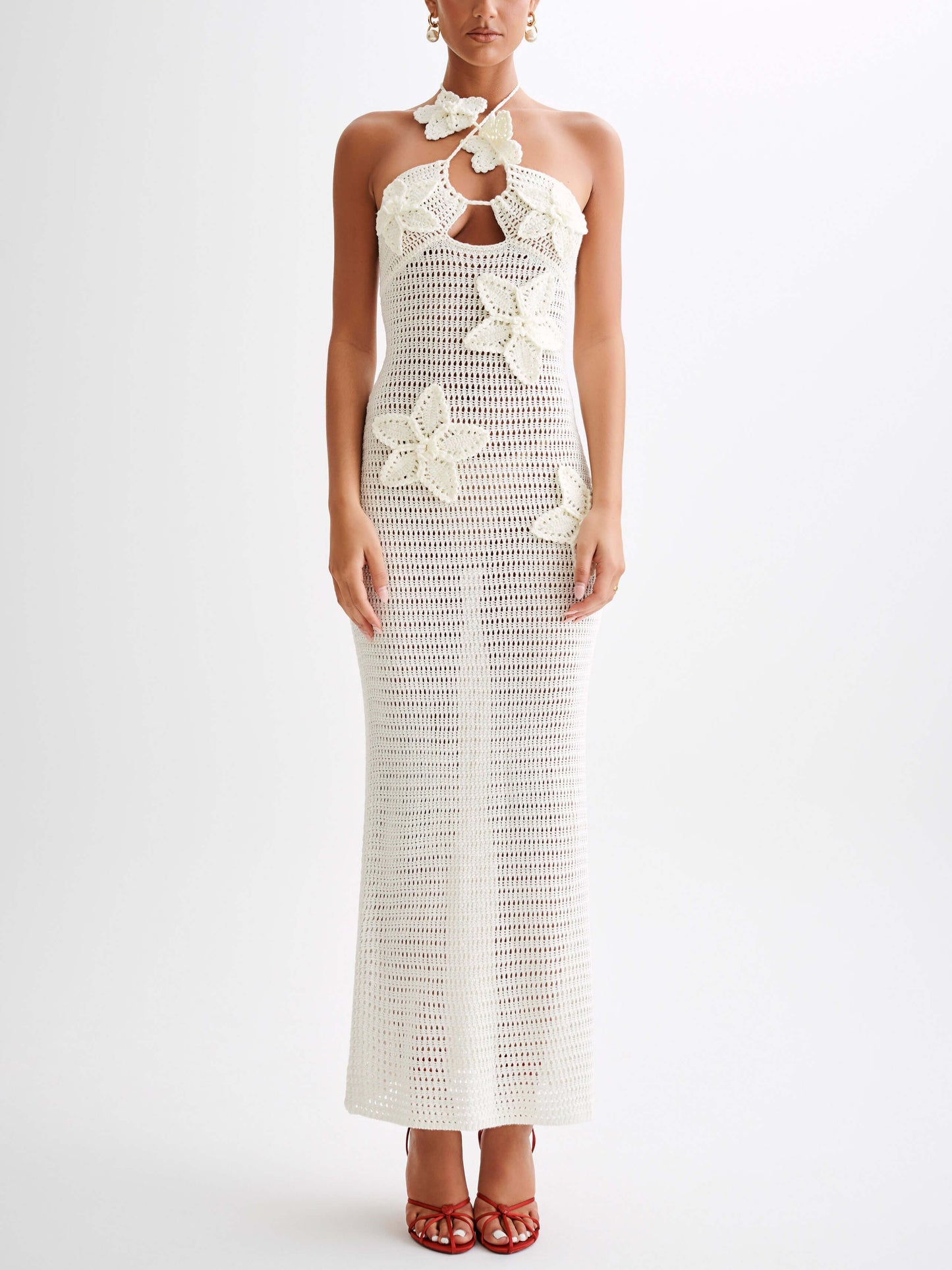 Robe longue sexy en tricot avec motif floral crocheté à la main