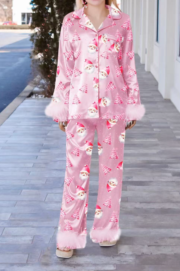 Christmas Holiday Pink Feather Women Pajams Set