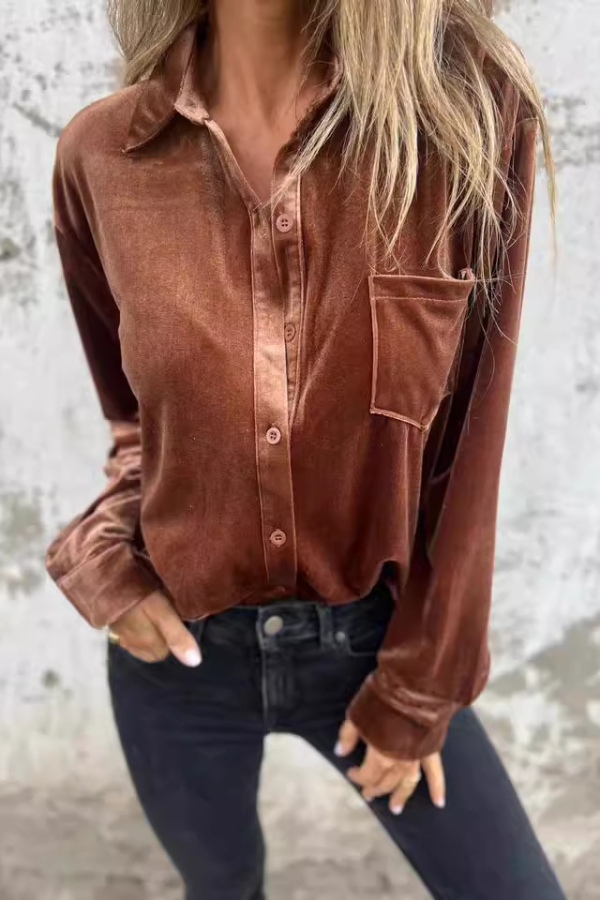Solid Velvet Long-sleeved Single-breasted Loose Pocket Women Shirt