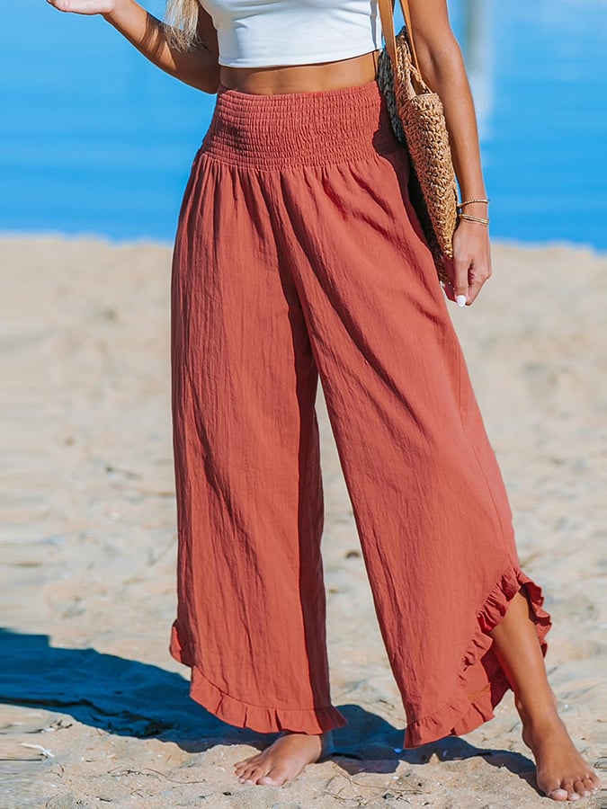 Pantalon décontracté ample en coton et lin à ourlet irrégulier plissé à taille haute pour femme