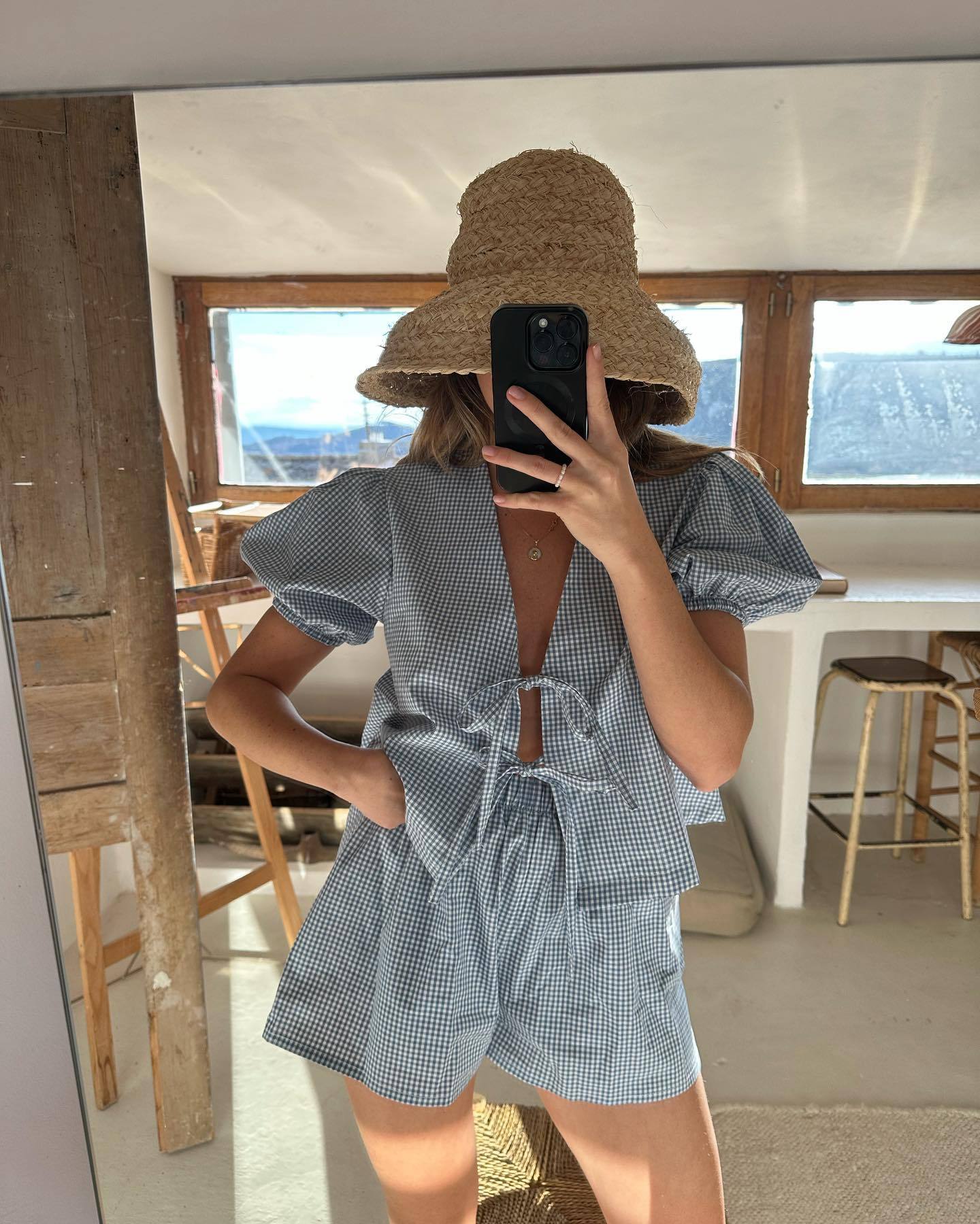 Women's Plaid Lace-up Elastic Waist Shorts Set