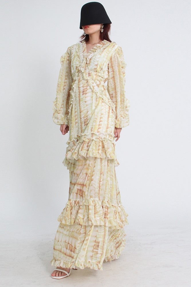 Robe longue en dentelle à col en V et manches bouffantes avec ourlet à volants superposés Jaune