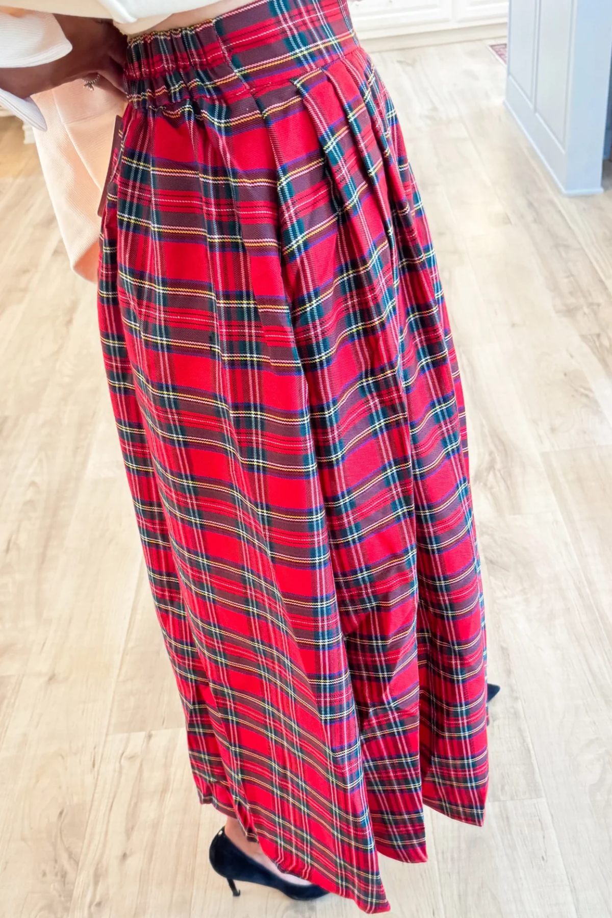 Red Multi Plaid Midi Skirt
