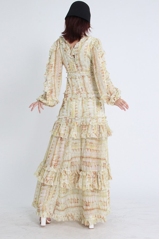 Robe longue en dentelle à col en V et manches bouffantes avec ourlet à volants superposés Jaune