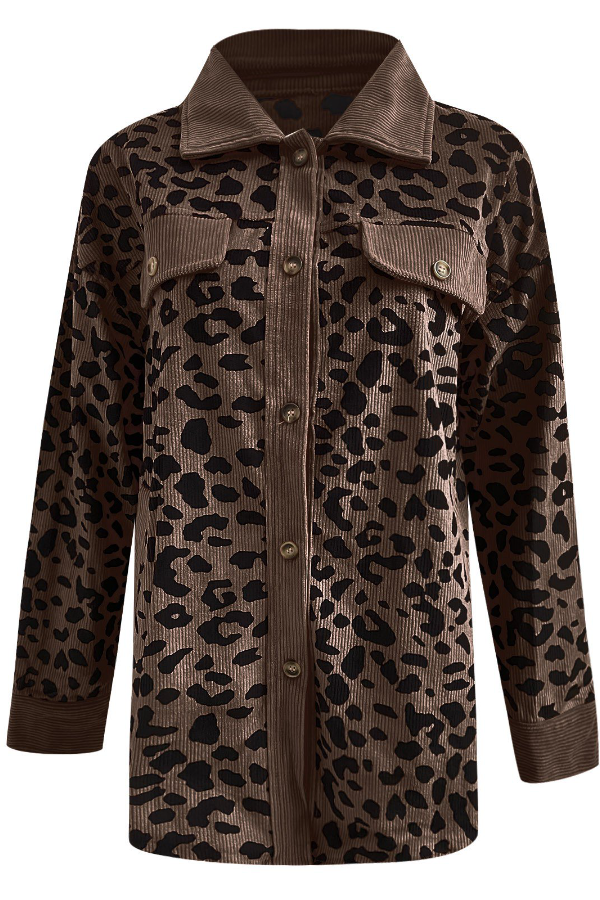 Long Sleeve Leopard Print Top with Contrasting Wavy Trim in Leopard