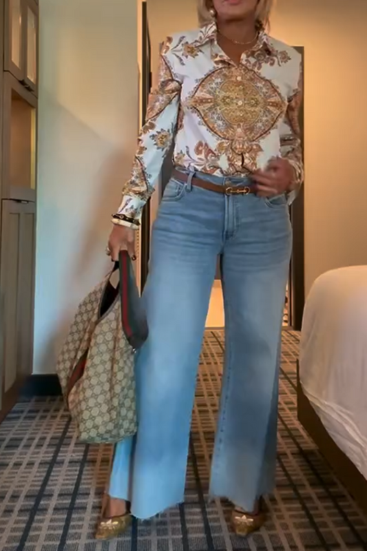 Lapel Neck Casual Print Shirt Blouse Women