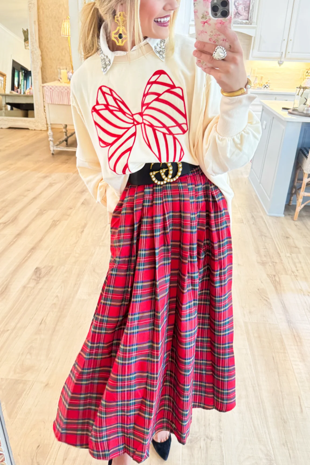 Ivory and Red Candy Cane Bow Sweatshirt