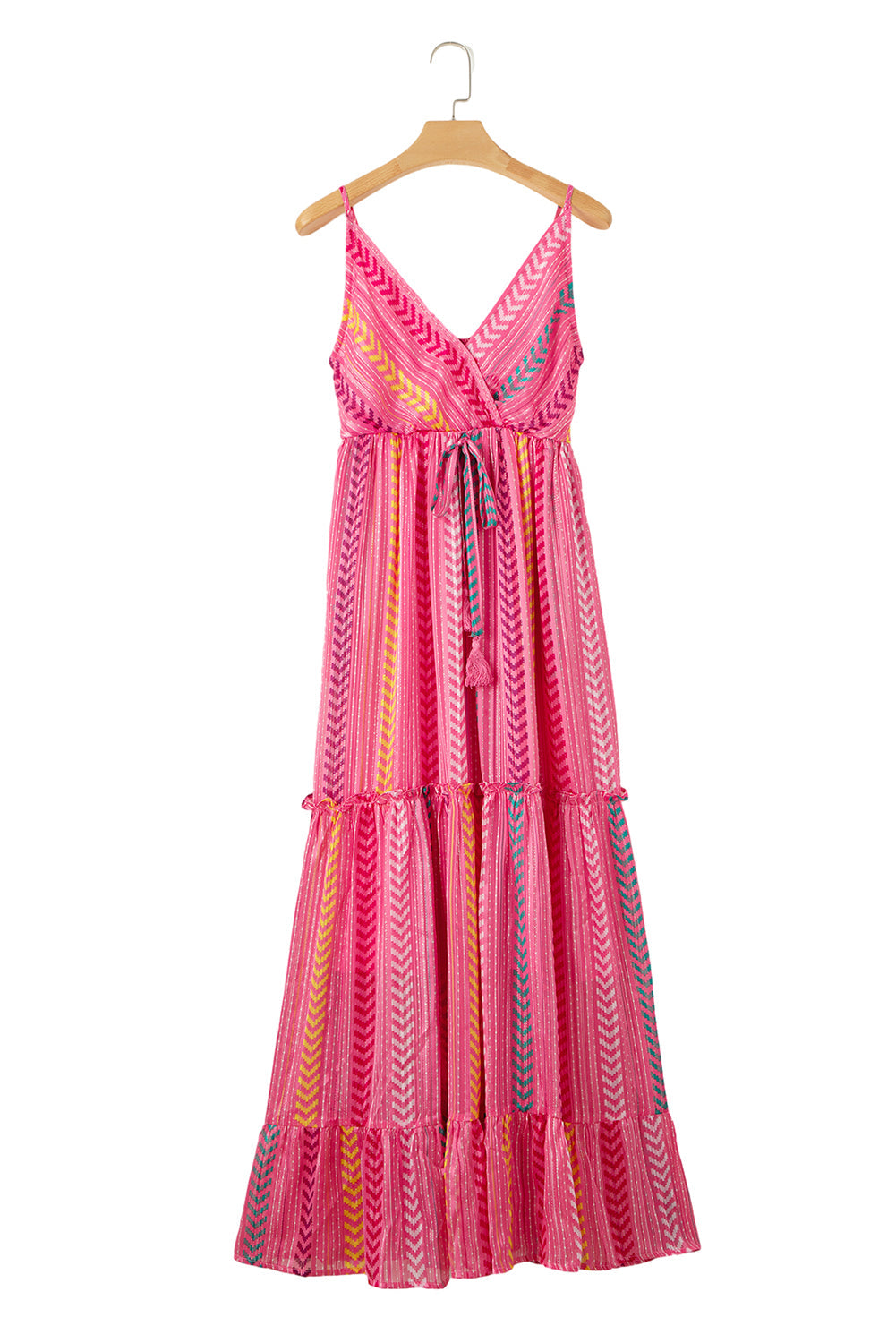 Robe longue portefeuille rose à imprimé western avec pampilles et col en V