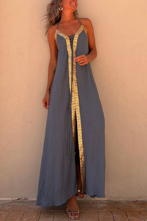 Robe longue à lacets et bordures à sequins Del Mar avec dos élastiqué et licou