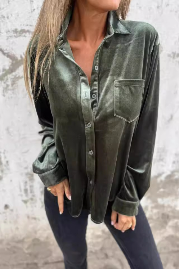 Solid Velvet Long-sleeved Single-breasted Loose Pocket Women Shirt
