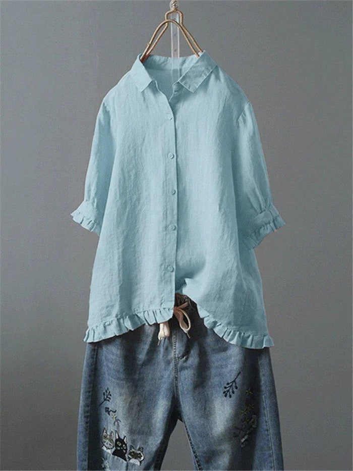 Solid Casual 3/4 Sleeve Turn-down Collar Tops