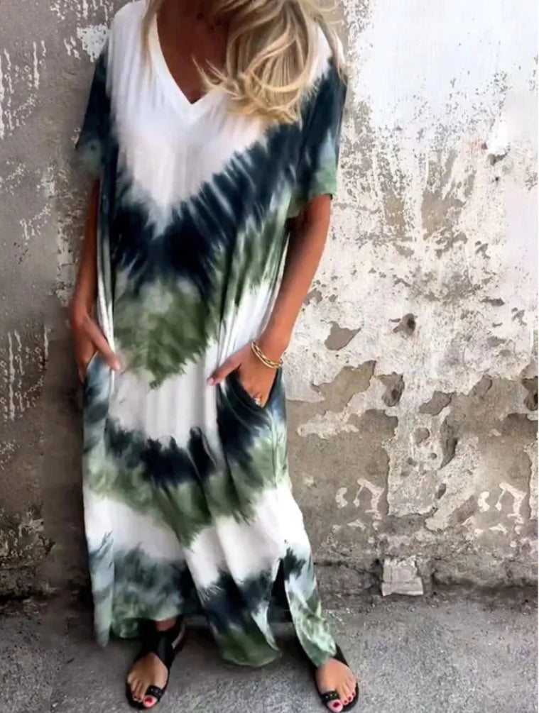 Plus-Size Printed Short-Sleeve Dress (With Pockets)