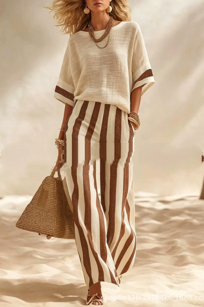 Beige Textured Color-block Top & Striped Elastic Waist Wide-leg Pants Set