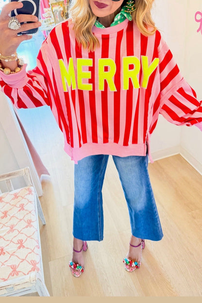 Pink and Red Striped Merry Sweatshirt