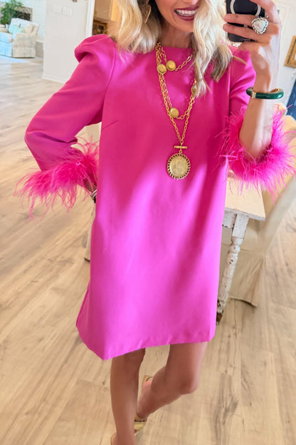 Hot Pink Feather Trim Shift Dress