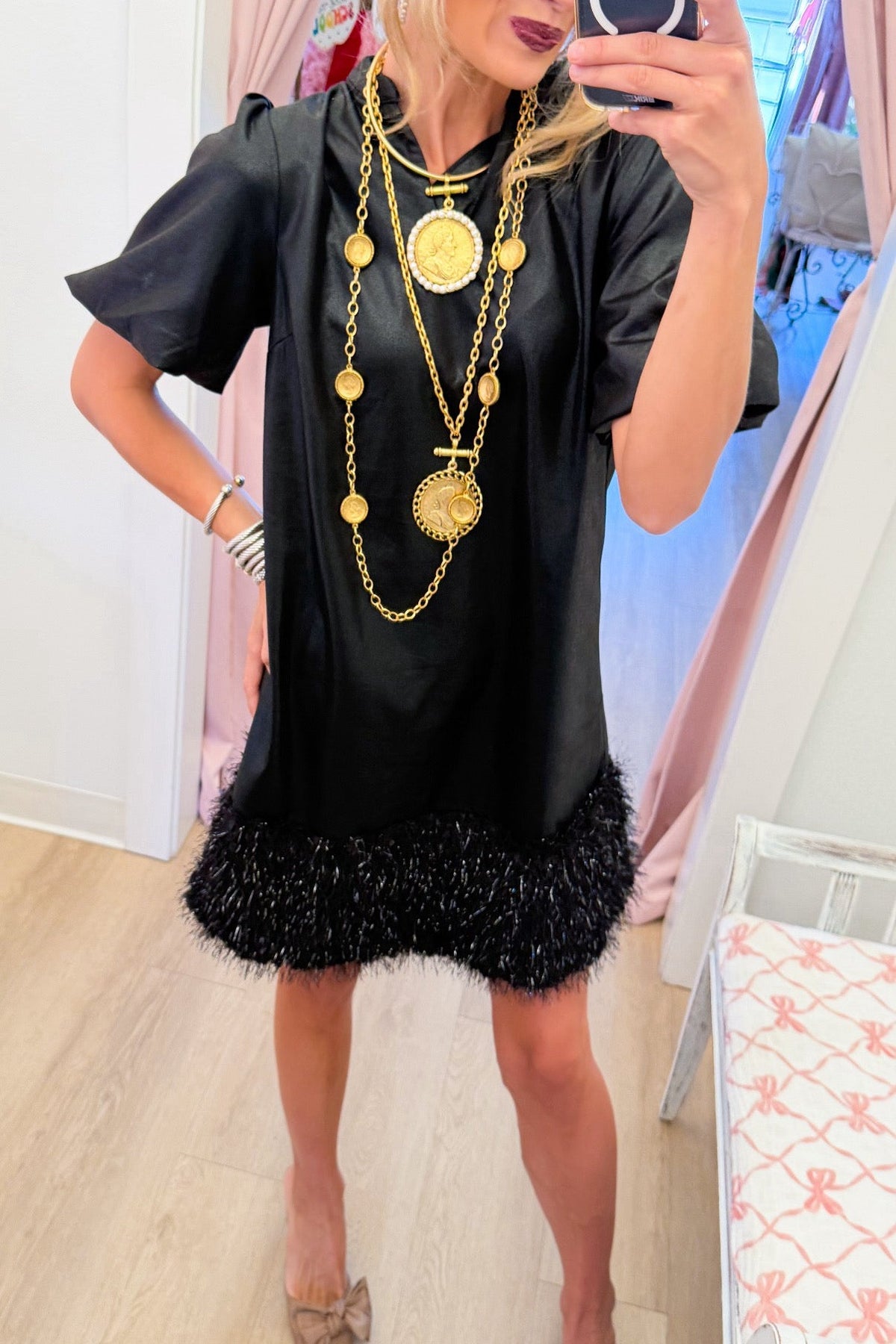 Black Faux Leather Feather Fringe Dress