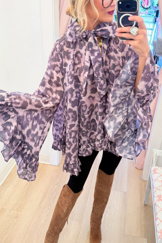 Purple Leopard Ruffle Detail Top