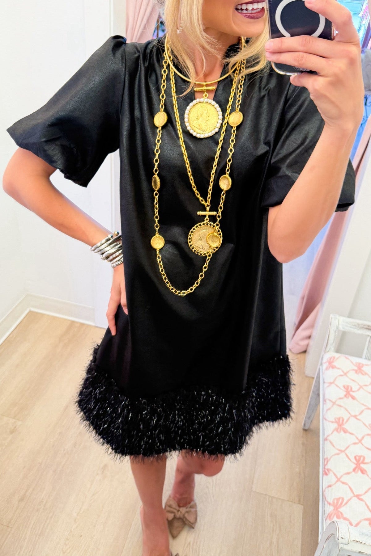 Black Faux Leather Feather Fringe Dress
