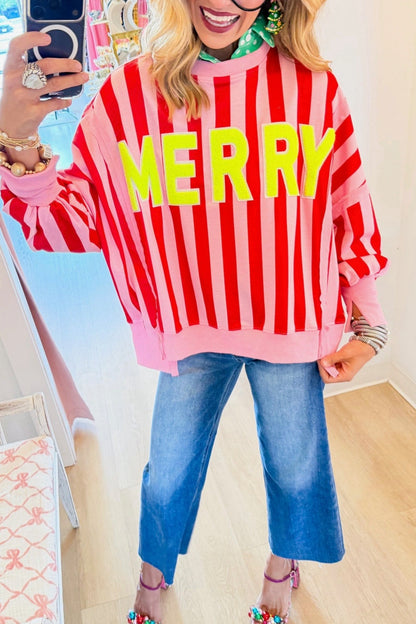 Pink and Red Striped Merry Sweatshirt