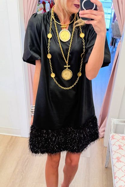 Black Faux Leather Feather Fringe Dress