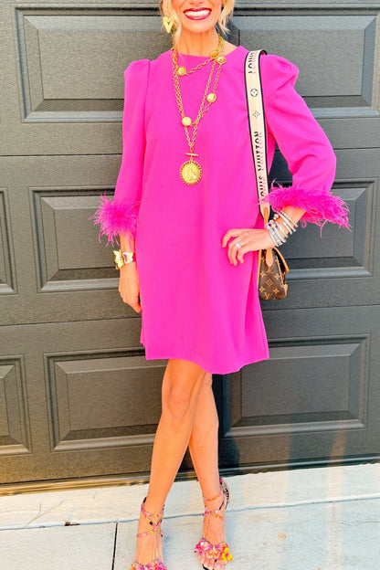 Hot Pink Feather Trim Shift Dress