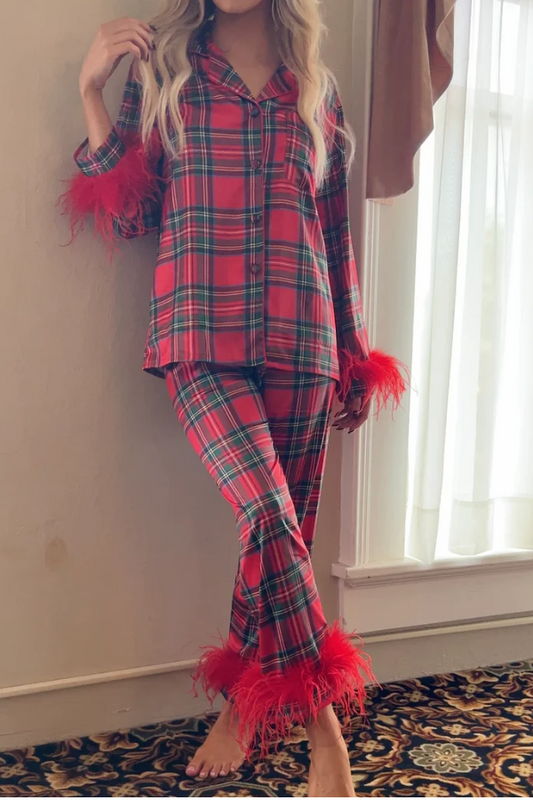 Christmas Holiday Red Plaid Feather Pajams Set