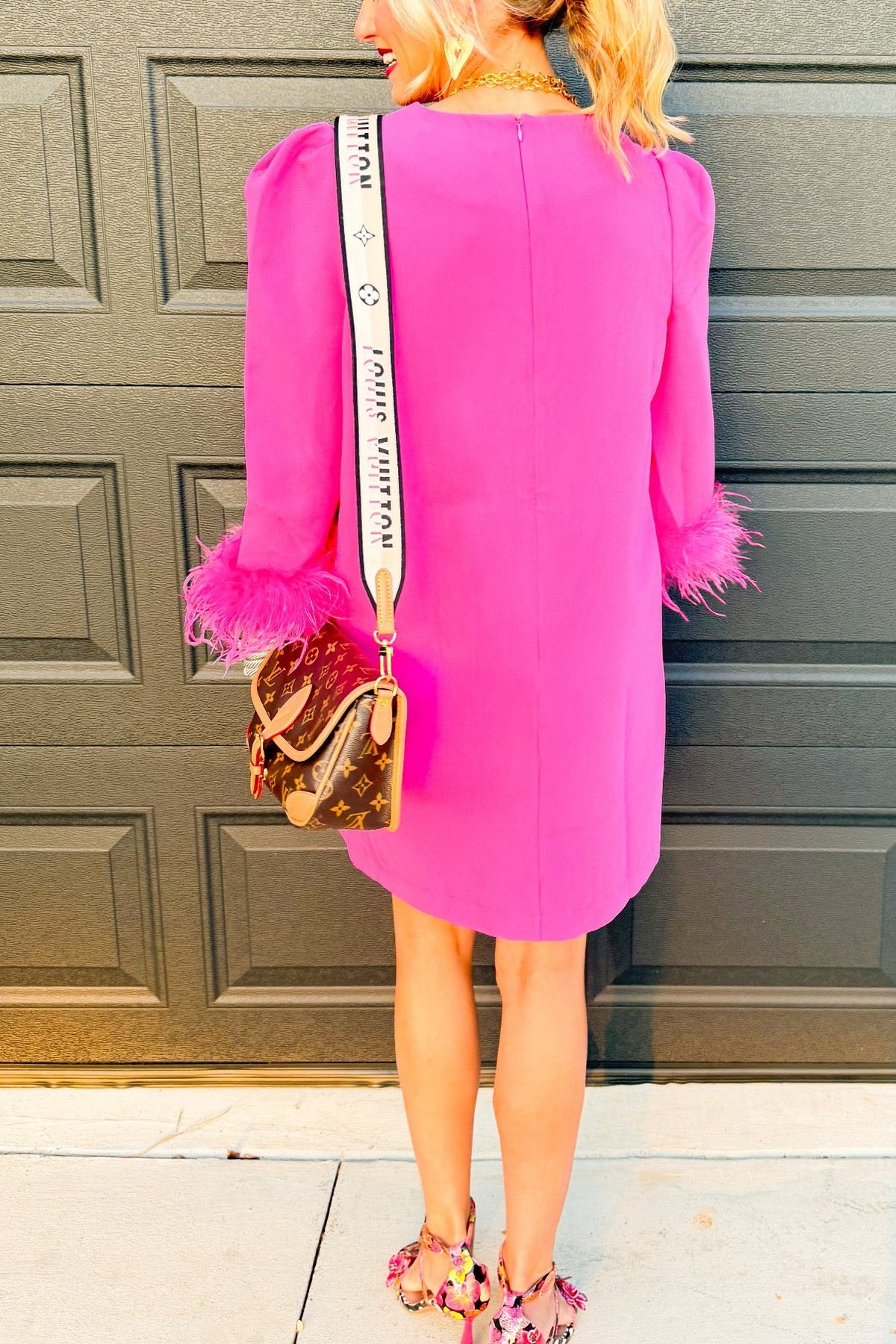 Hot Pink Feather Trim Shift Dress