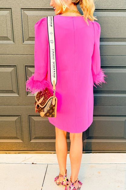 Hot Pink Feather Trim Shift Dress