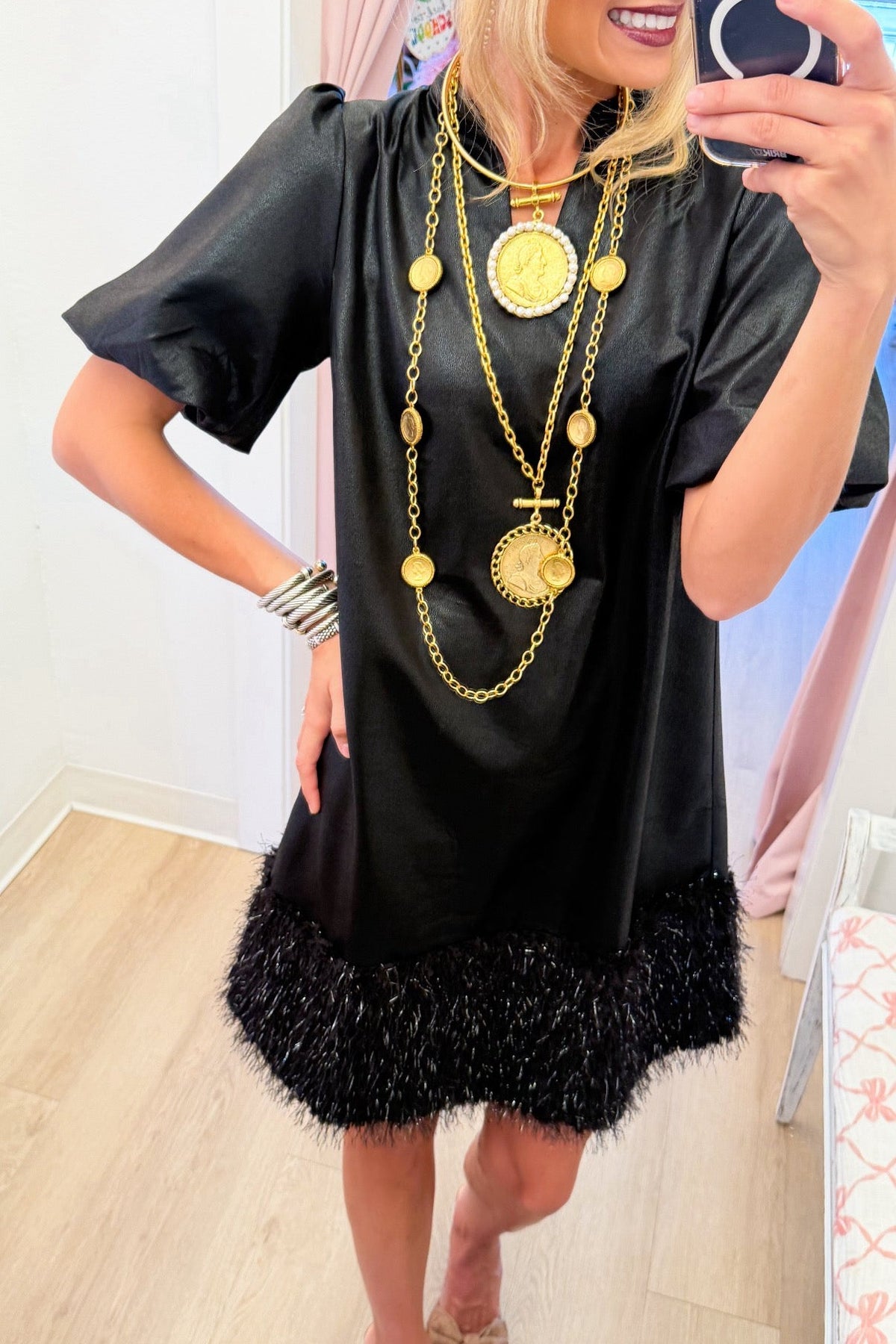 Black Faux Leather Feather Fringe Dress