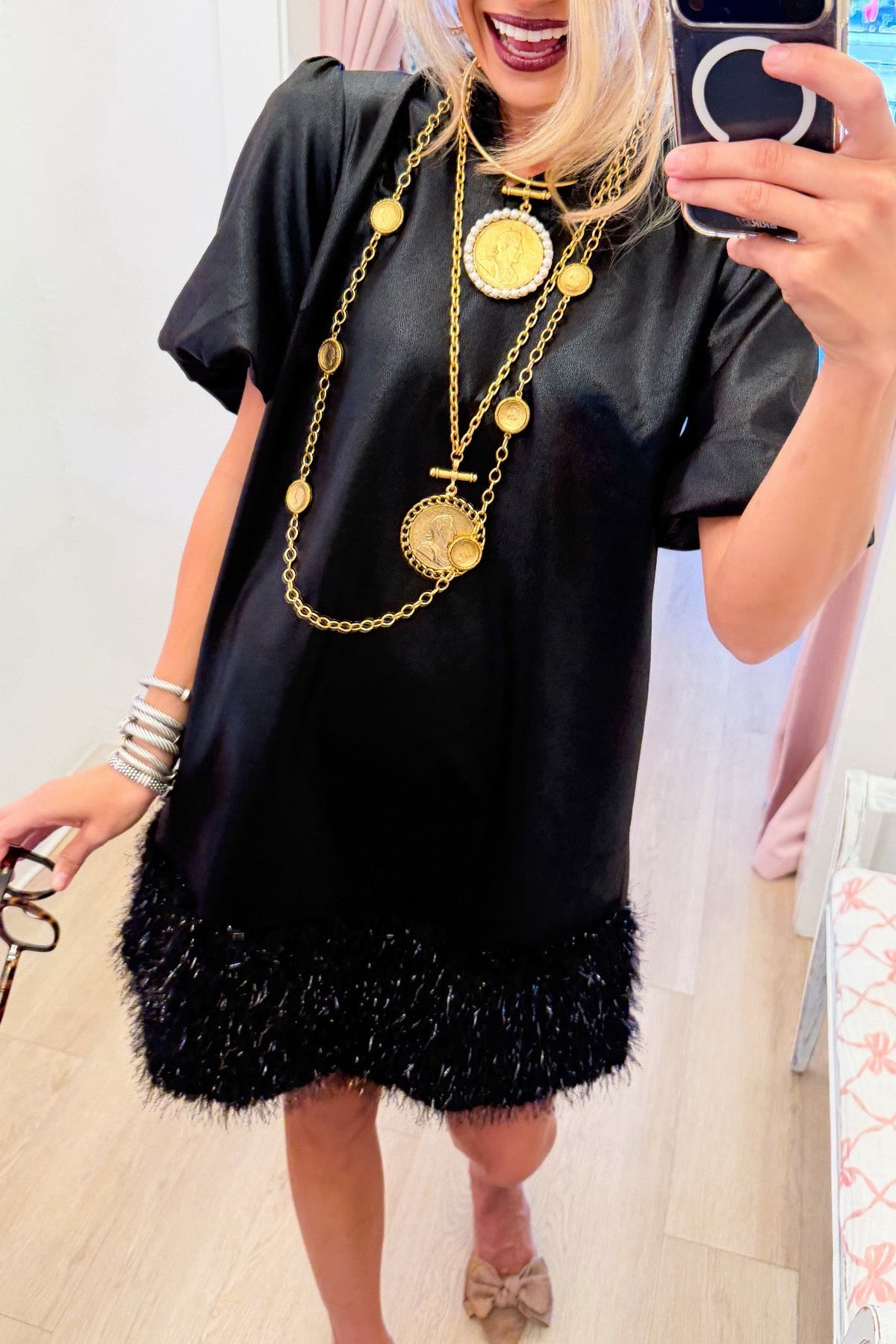 Black Faux Leather Feather Fringe Dress