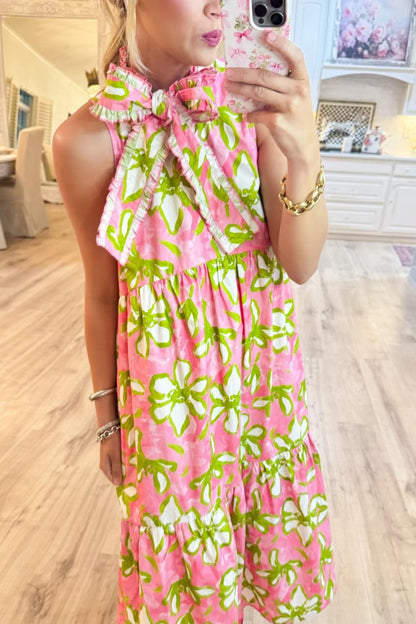 Pink Flower Print Midi Dress