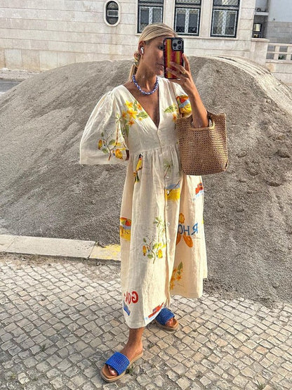 Robe mi-longue en lin imprimé