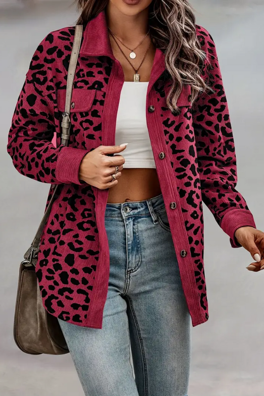 Long Sleeve Leopard Print Top with Contrasting Wavy Trim in Leopard