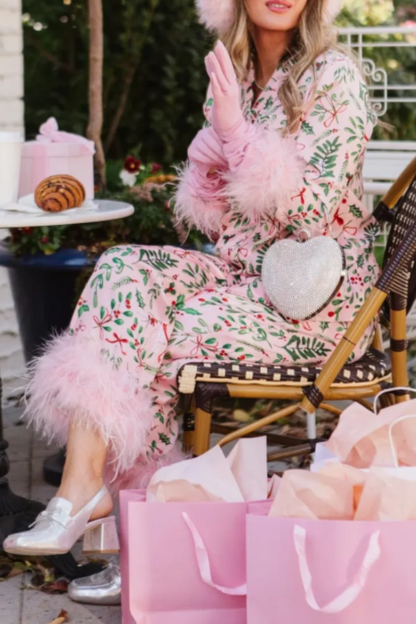 Christmas Holiday Pink Feather Women Pajams Set