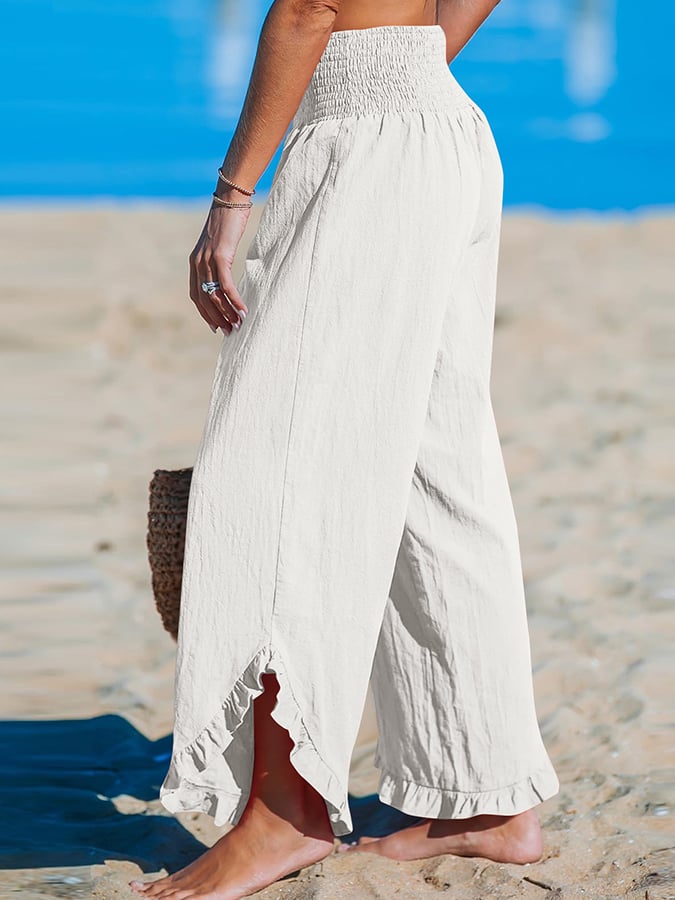 Pantalon décontracté ample en coton et lin à ourlet irrégulier plissé à taille haute pour femme 