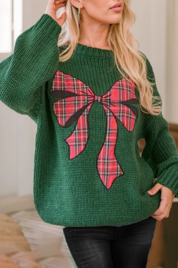 Santa Green Knit Sweater With Plaid Bow